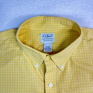 LL Bean Mens XL Tall Yellow Grid Short Sleeve Button Down Shirt Cotton